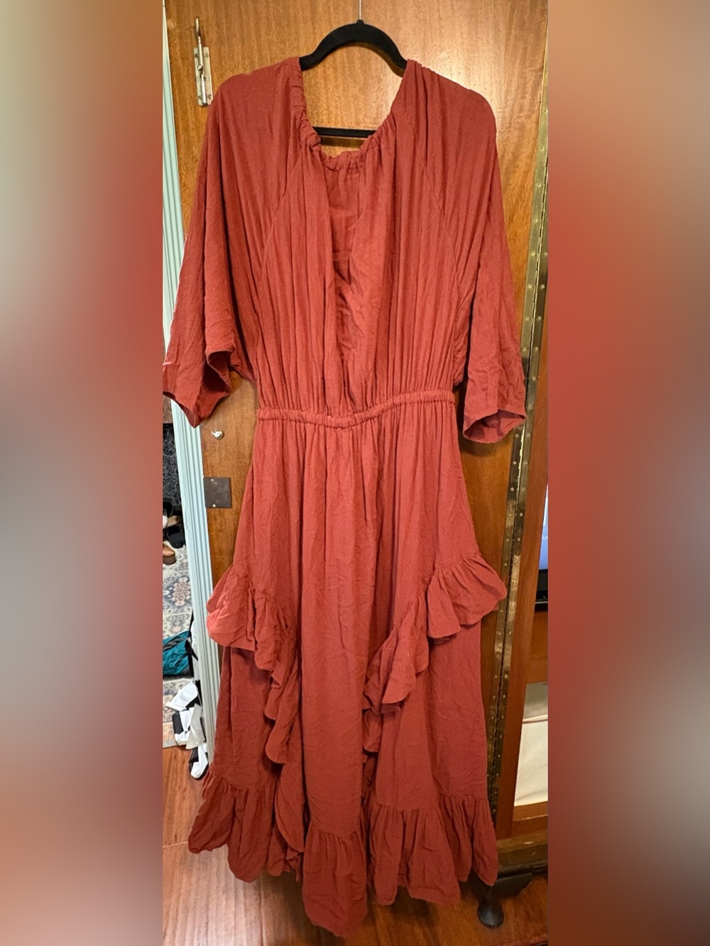 Free-EST Rust Red Ruffle Midi Dress with tie Elastic Waist